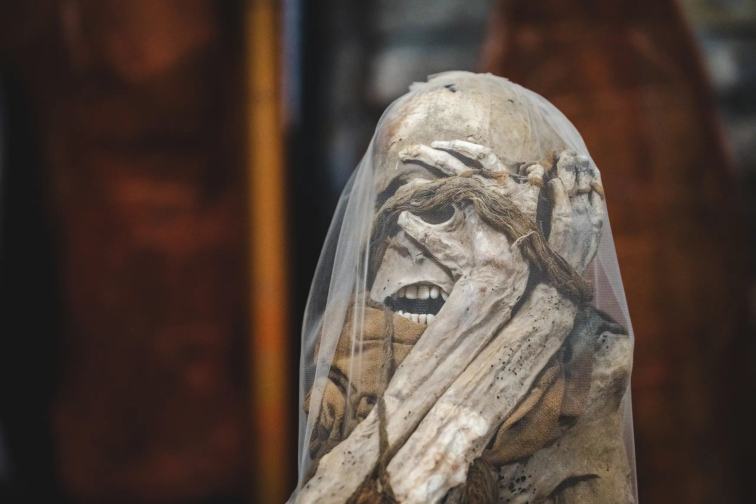 Close-up of a mummy's face half hidden by its bony hands, teeth showing, under fine protective netting against a dark background, Museo Leymebamba, Amazonas, Peru