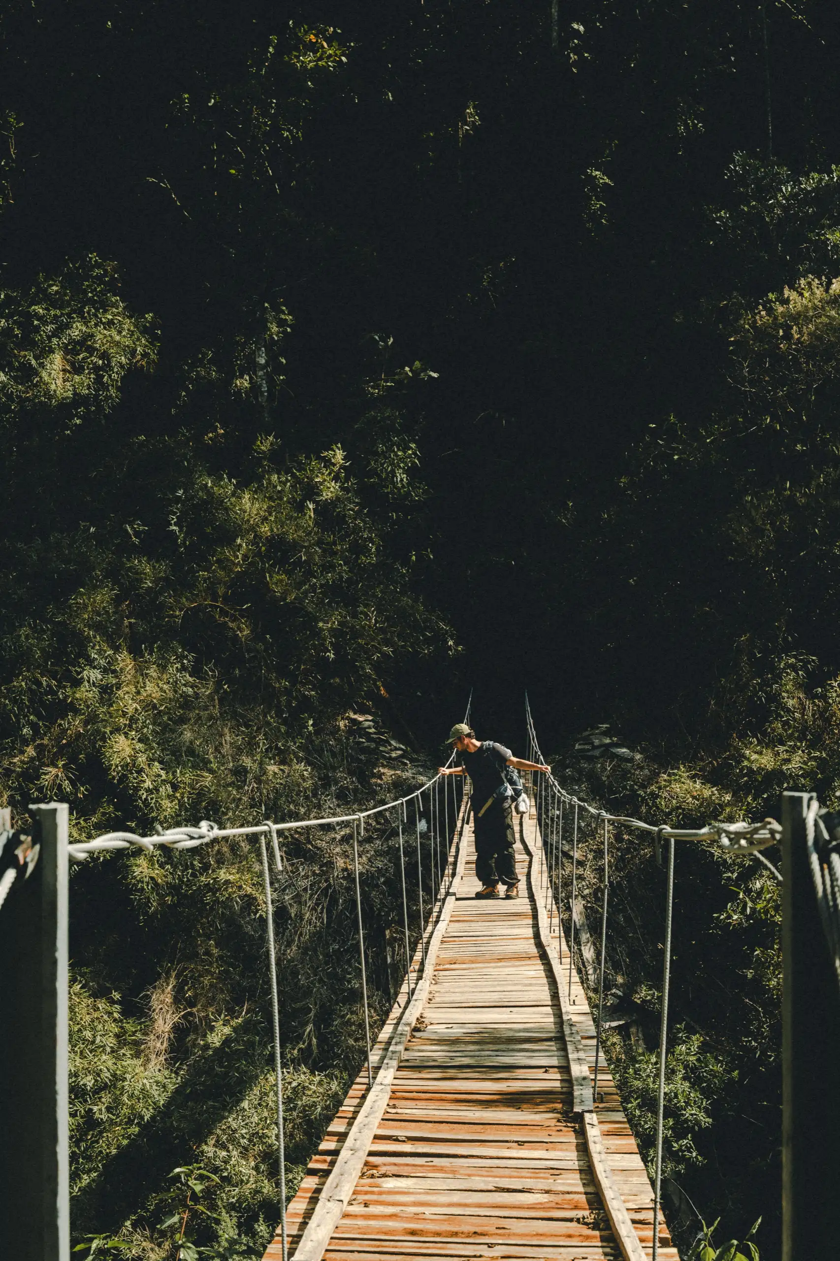 Vertical view of a trekker walking away across a long wooden suspension bridge into dark, dense forest, Ahobamba Valley, Cusco region, Peru