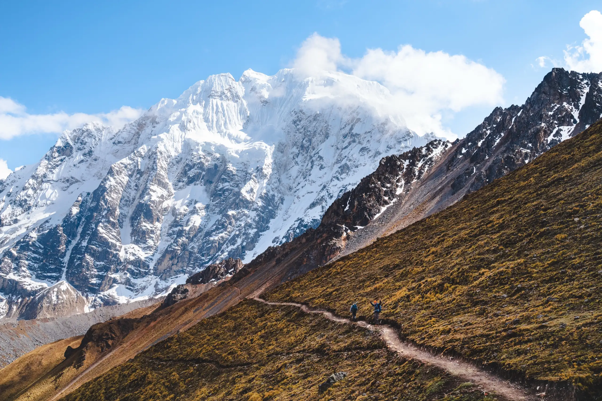 A trail winding across a golden grassy slope with small trekkers on it, the vast glaciated face of Nevado Salkantay and white cloud above, Nevado Salkantay, Cordillera Vilcabamba, Peru