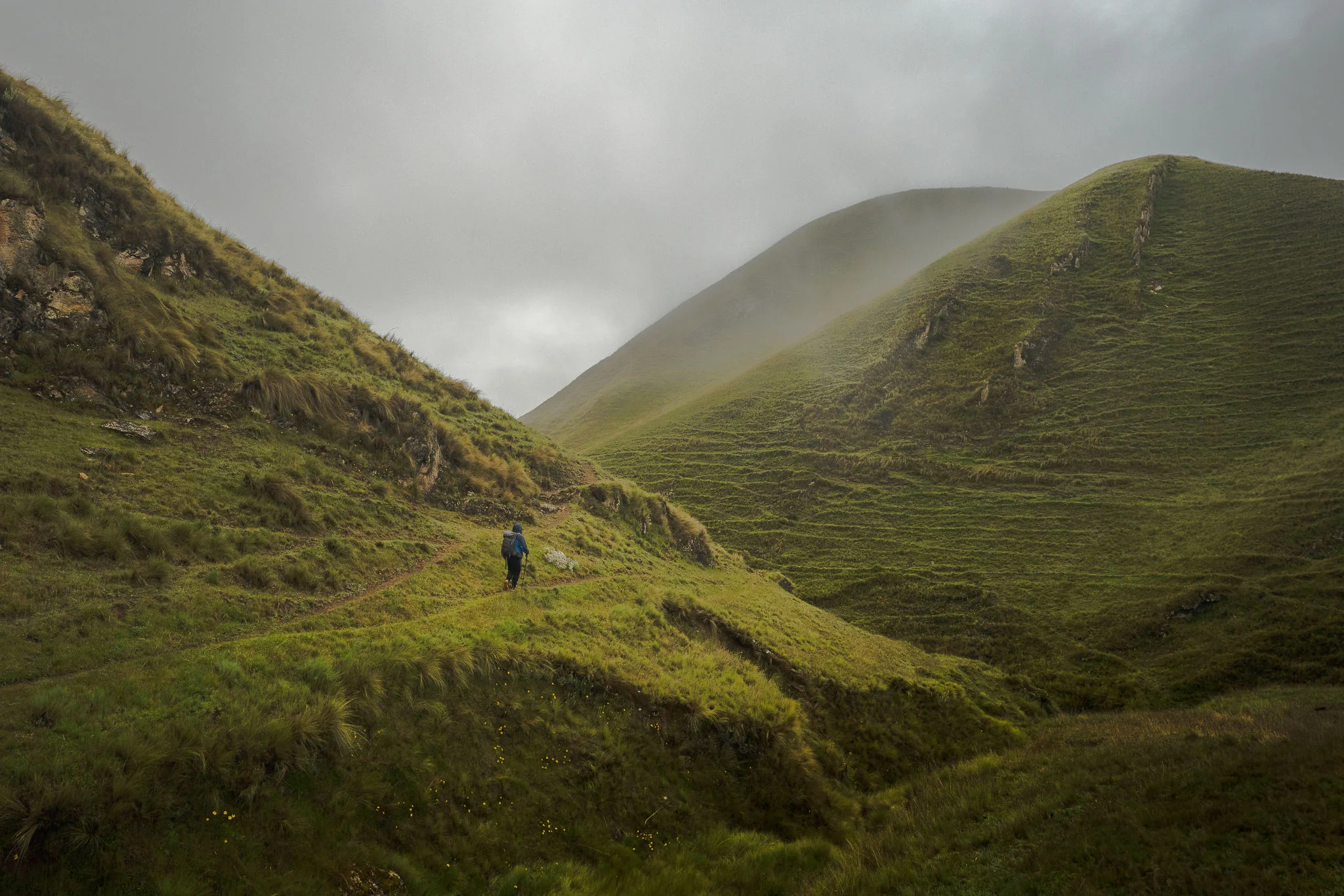 A hiker on a faint path through bright green hills, mist spilling over the ridge behind, upper Sacred Valley, Peru